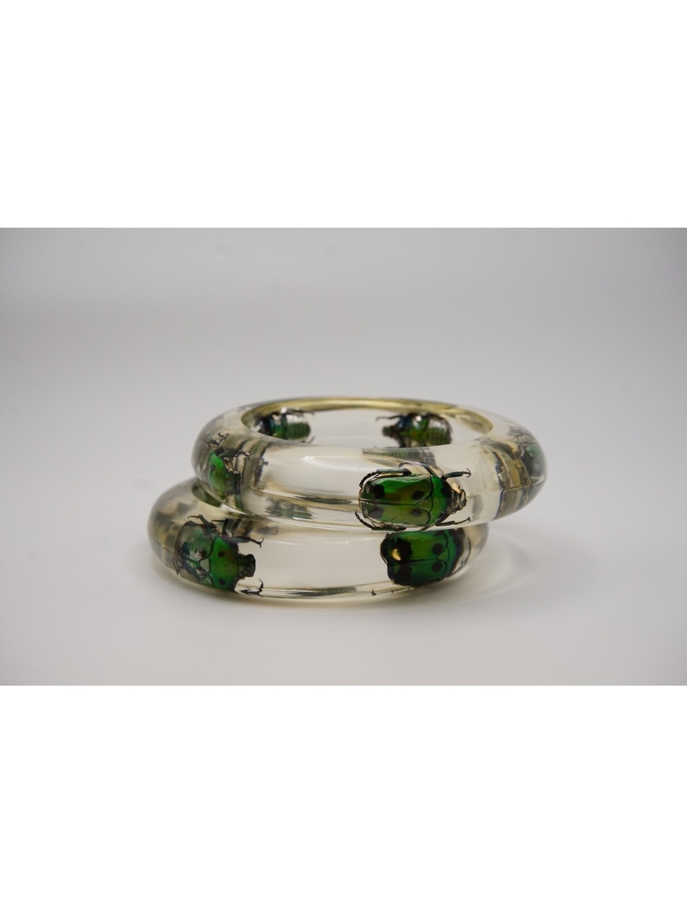 2 Clear resin green beetle bangle set